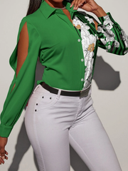 Women Spring and Summer New Printed Stitching Long sleeved Shoulder Shirt Top