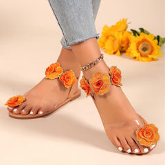 Three Dimensional Floral Flat Sandals Women Flip Toe Elastic Band Lightweight Beach Slippers