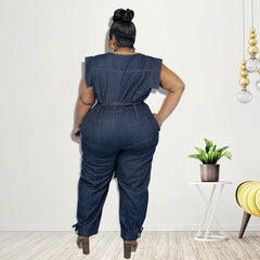 Plus Size Women Clothing Autumn New Denim Short Sleeve Wash Jumpsuit Trousers Sexy New