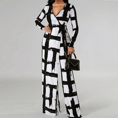 Plus Size Women Clothing V Neck Elements Printed Long Sleeve Loose Jumpsuit