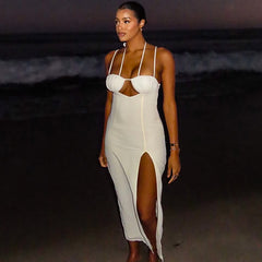 Hollow Out Cutout Solid Color Sheath Split Asymmetric Slim Fit Backless Halter Length Dress Women