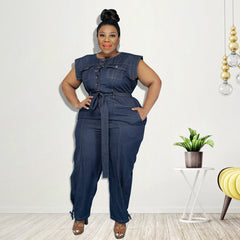 Plus Size Women Clothing Autumn New Denim Short Sleeve Wash Jumpsuit Trousers Sexy New